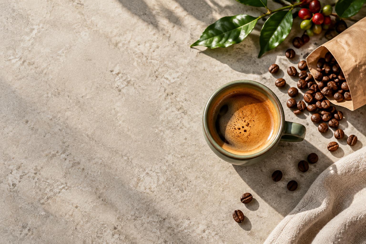 A freshly brewed coffee in a sage ceramic cup, beside roasted beans in the morning sunlight